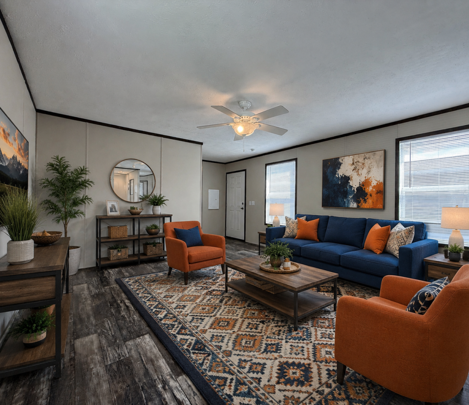 A modern living room with a blue sofa, two orange armchairs, a patterned rug, wooden tables, decorative plants, and wall art. Large windows let in natural light, and a ceiling fan is centered above.