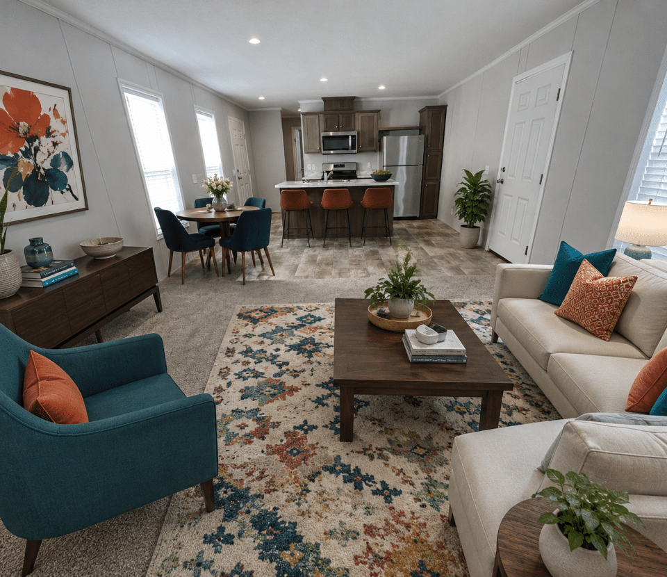 Modern open-concept living room and kitchen with neutral walls, colorful decor, a patterned rug, teal and beige seating, orange accent pillows, a dining table, and potted plants. Natural light streams through large windows.