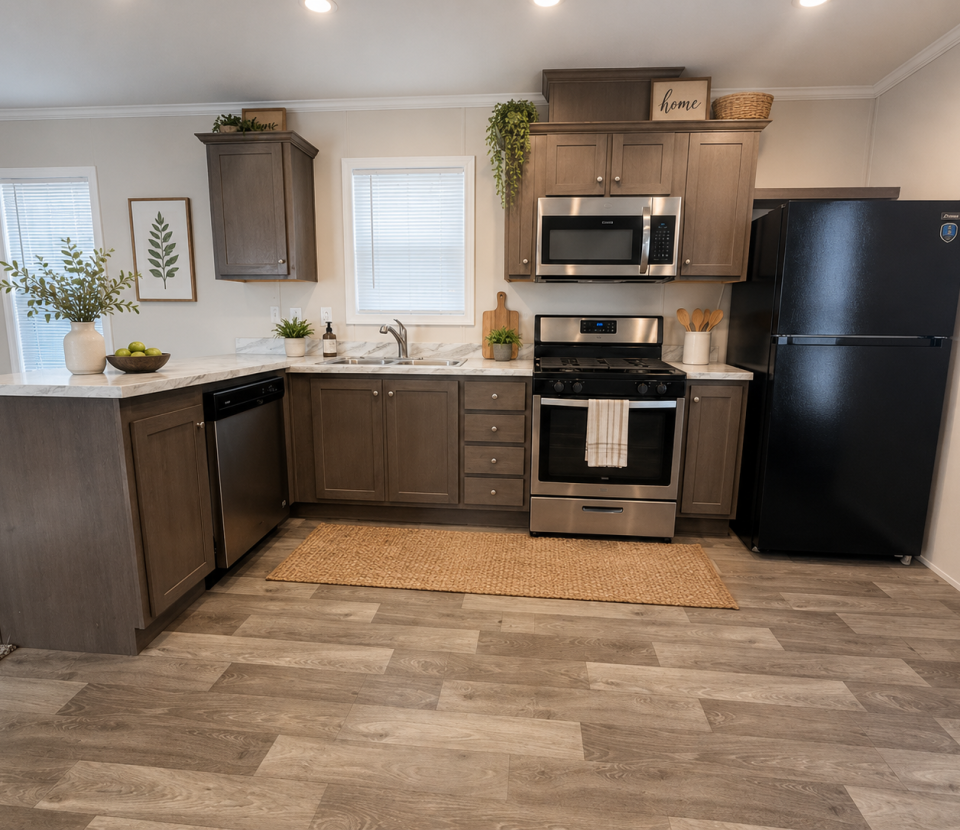 Modern kitchen with brown cabinets, stainless steel appliances, a black refrigerator, white countertops, decorative plants, and wall art. Natural light enters through two small windows above the sink and counter.