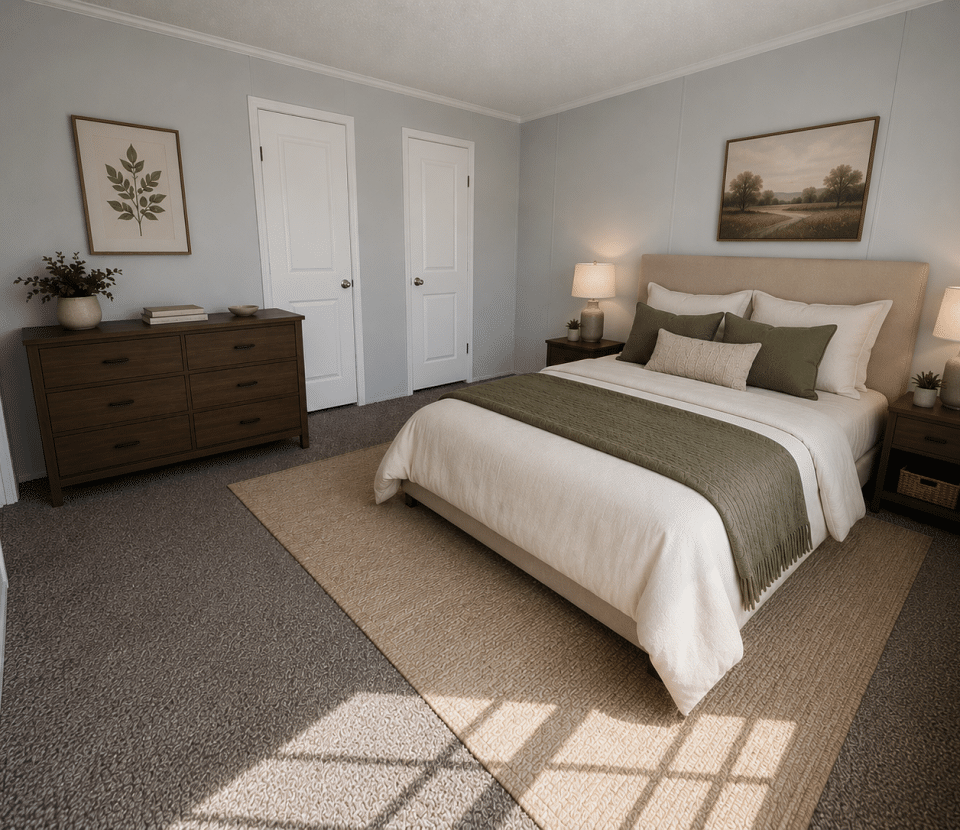 A cozy bedroom with a neatly made bed, green and beige bedding, two wooden nightstands with lamps, a dresser with decor, and framed art on the walls. Sunlight streams in through a window, creating a warm atmosphere.