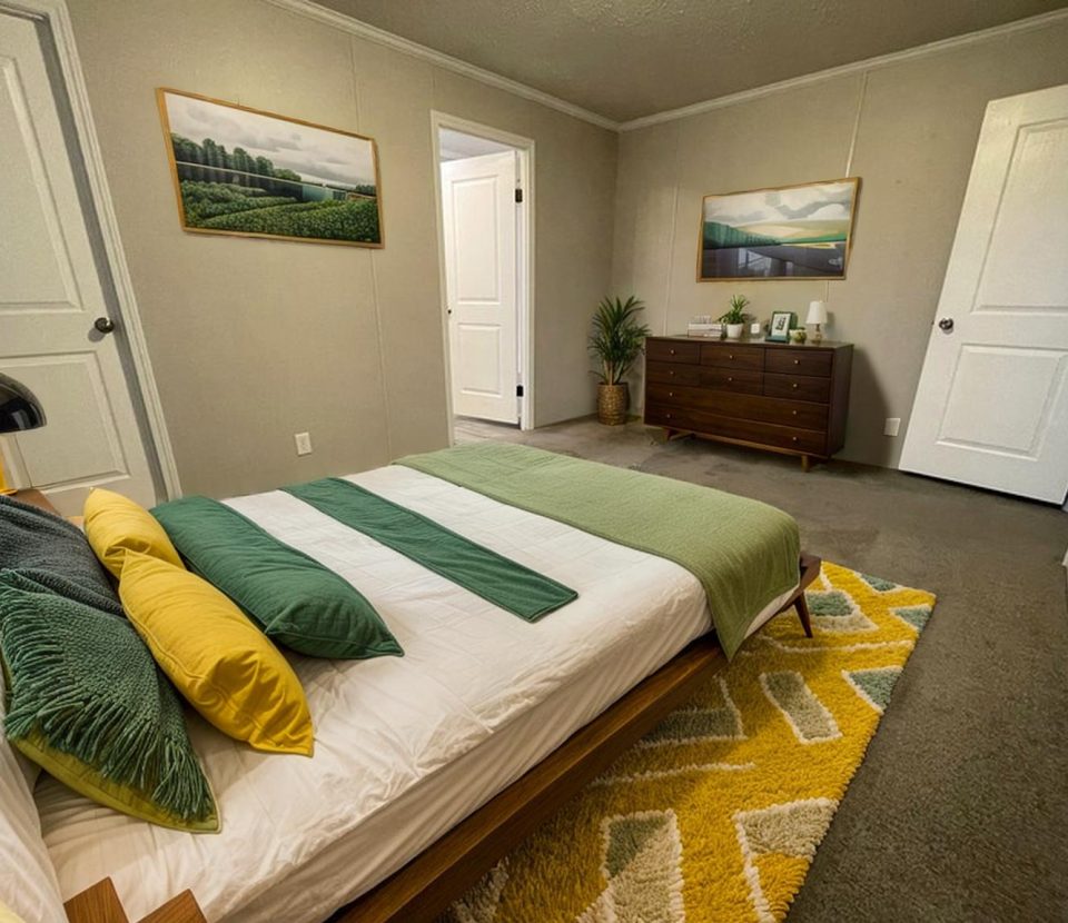 A modern bedroom with a low bed, green and yellow pillows and blanket, a patterned yellow rug, a wooden dresser with a plant, and two landscape paintings on beige walls. Three white doors are visible.