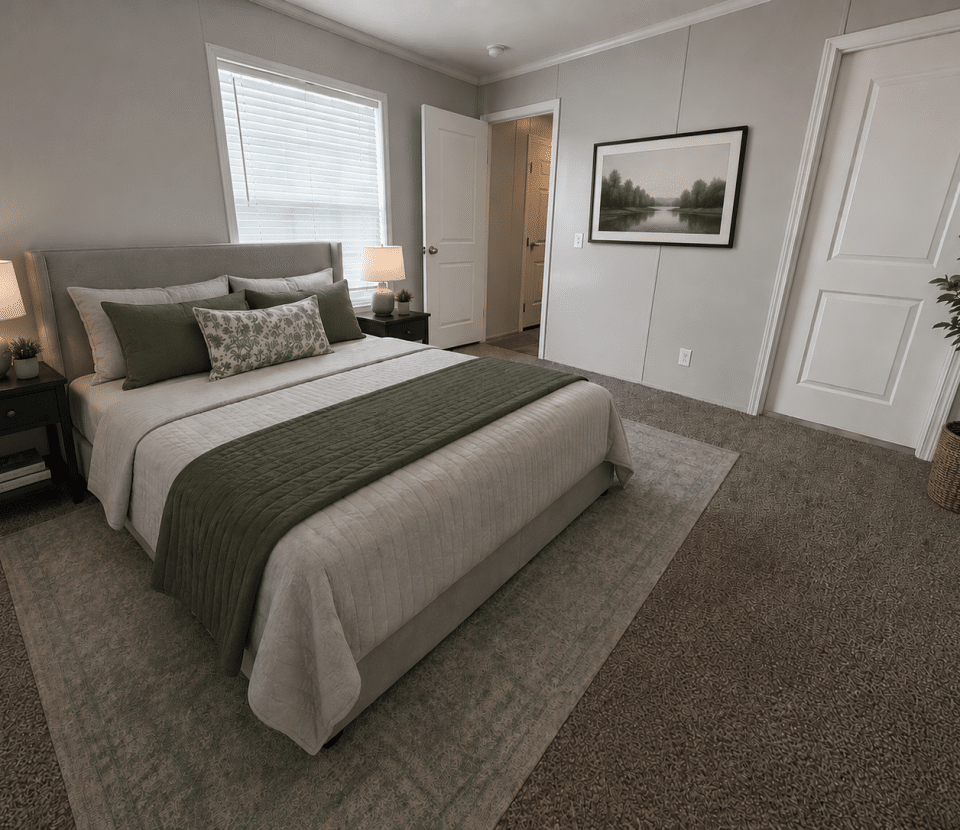 A modern bedroom with a neatly made bed featuring green and white bedding, two bedside tables with lamps, a potted plant, carpeted floor, and a nature-themed painting on the wall.