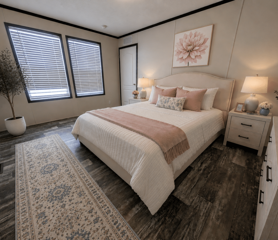 Cozy bedroom with a large bed, pink and white bedding, nightstands with lamps, a decorative rug, a potted plant, and a floral artwork above the headboard. Two large windows have partially closed blinds.
