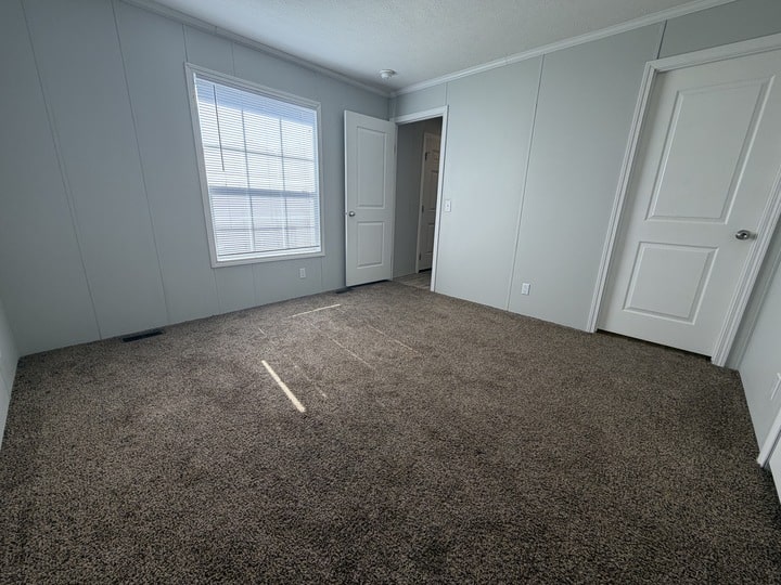 Empty room with light gray walls, a large window with blinds letting in sunlight, brown carpeted floor, and two white doors—one open leading to another room, the other closed.