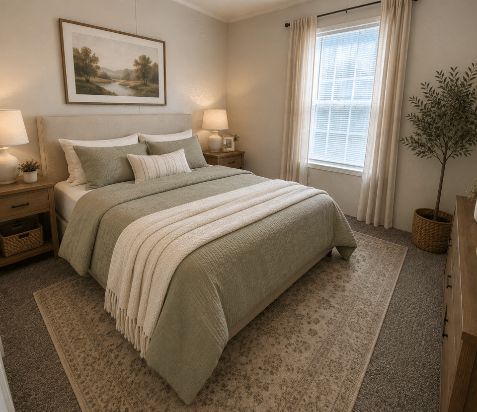 A cozy bedroom with a neatly made bed featuring green and cream bedding, two bedside tables with lamps, a window with curtains, a potted plant, and soft natural light filling the room.