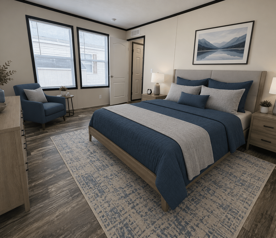 A modern bedroom with wood floors, a double bed with blue and gray bedding, two nightstands with lamps, a blue armchair, dresser with plants, and a landscape painting above the bed. Three large windows bring in natural light.