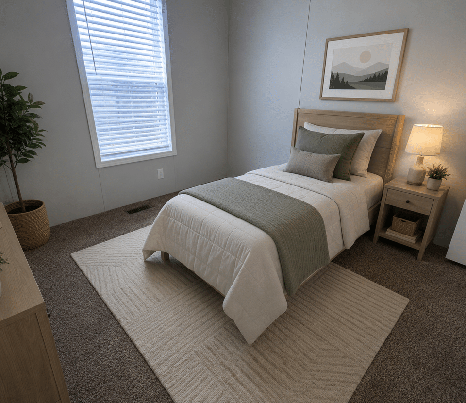 A neatly made single bed with green and beige bedding sits in a cozy bedroom with carpeted floor, a nightstand with a lamp, potted plants, a dresser, a window with blinds, and a landscape artwork on the wall.