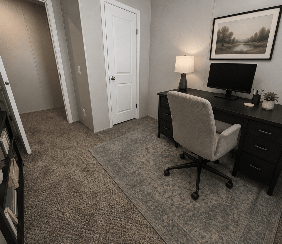 A tidy home office with a black desk, computer monitor, lamp, and beige chair on a gray rug. A bookshelf with plants and books is on the left, and a framed landscape painting hangs above the desk.