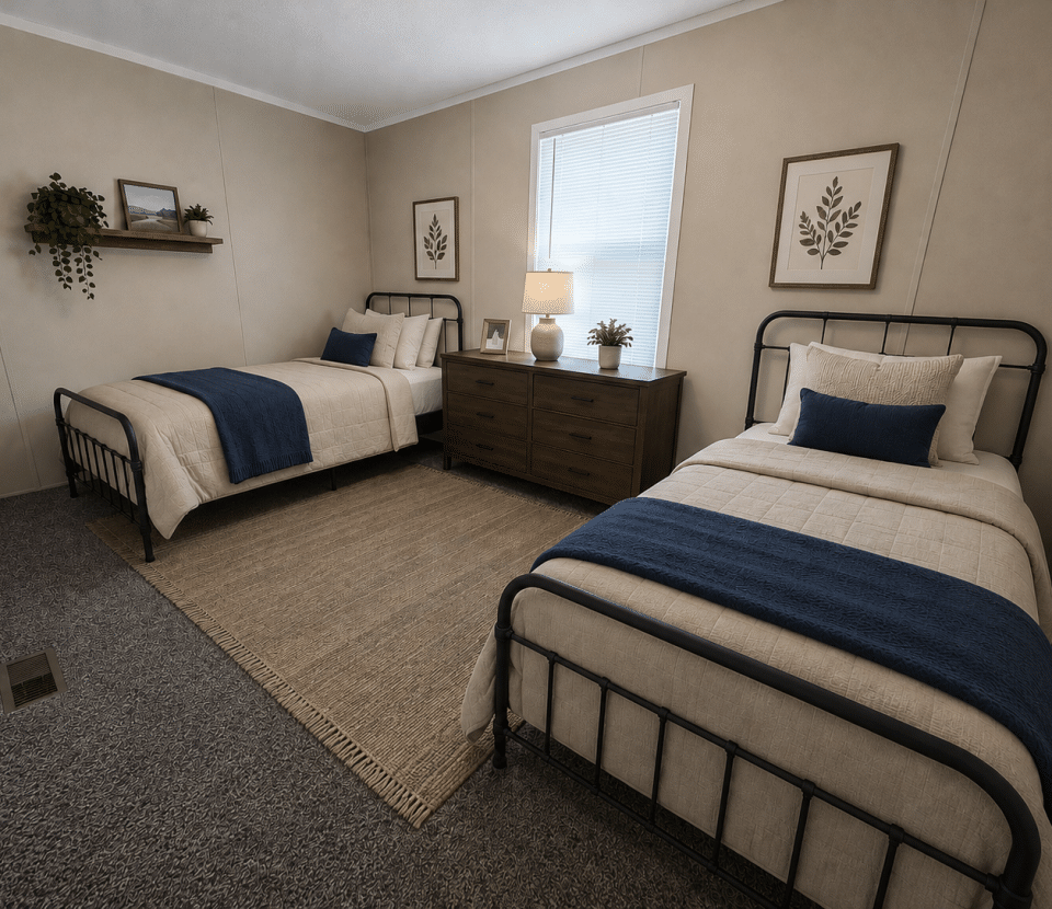 A tidy bedroom with two twin beds, beige bedding, and dark blue throws. A wooden dresser with a lamp and decor sits between the beds. The room has framed leaf art, a shelf with plants, and a large window.