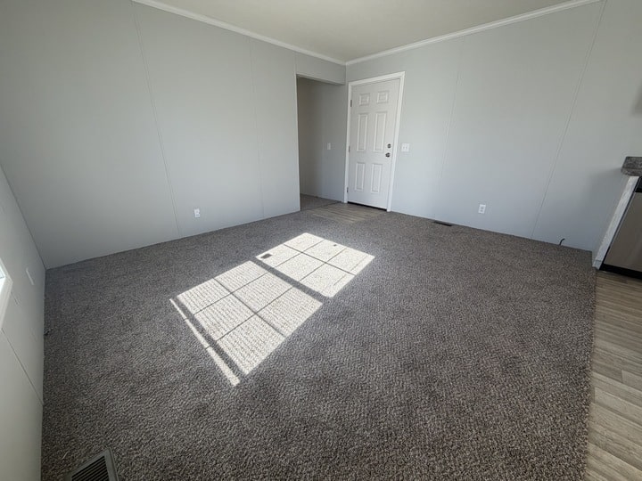 A bright, empty room with light gray walls, beige carpet, a white door, and a square sunlight patch on the floor. The corner of a kitchen counter and hardwood floor is visible on the right.