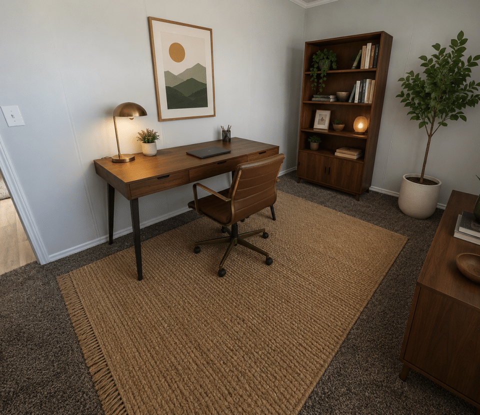 A tidy home office features a wooden desk with a lamp, a potted plant, and a chair on a woven rug. A bookcase and dresser with decor, framed art, and a large potted plant complete the cozy, modern space.