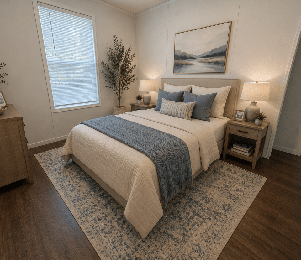 A cozy bedroom with a neatly made bed featuring beige and blue bedding, two nightstands with lamps, potted plants, a window with blinds, wooden furniture, and a landscape painting above the bed.