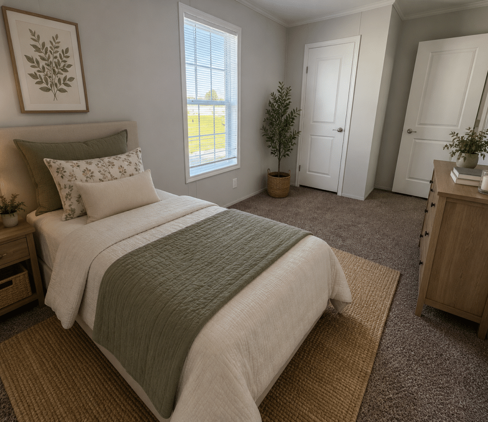 A cozy bedroom with a single bed, green and beige bedding, a wooden nightstand with a lamp, a dresser, potted plants, artwork on the wall, and a window letting in natural light.