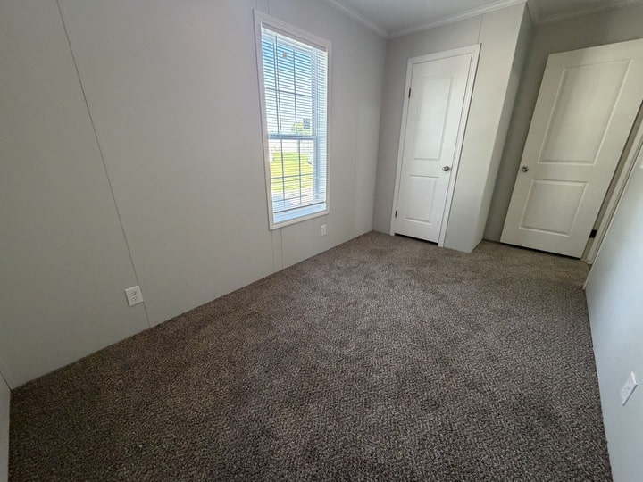 A small, empty room with light gray walls, a window with blinds, brown carpet, and two white doors, one slightly open and one closed. Natural light comes through the window.