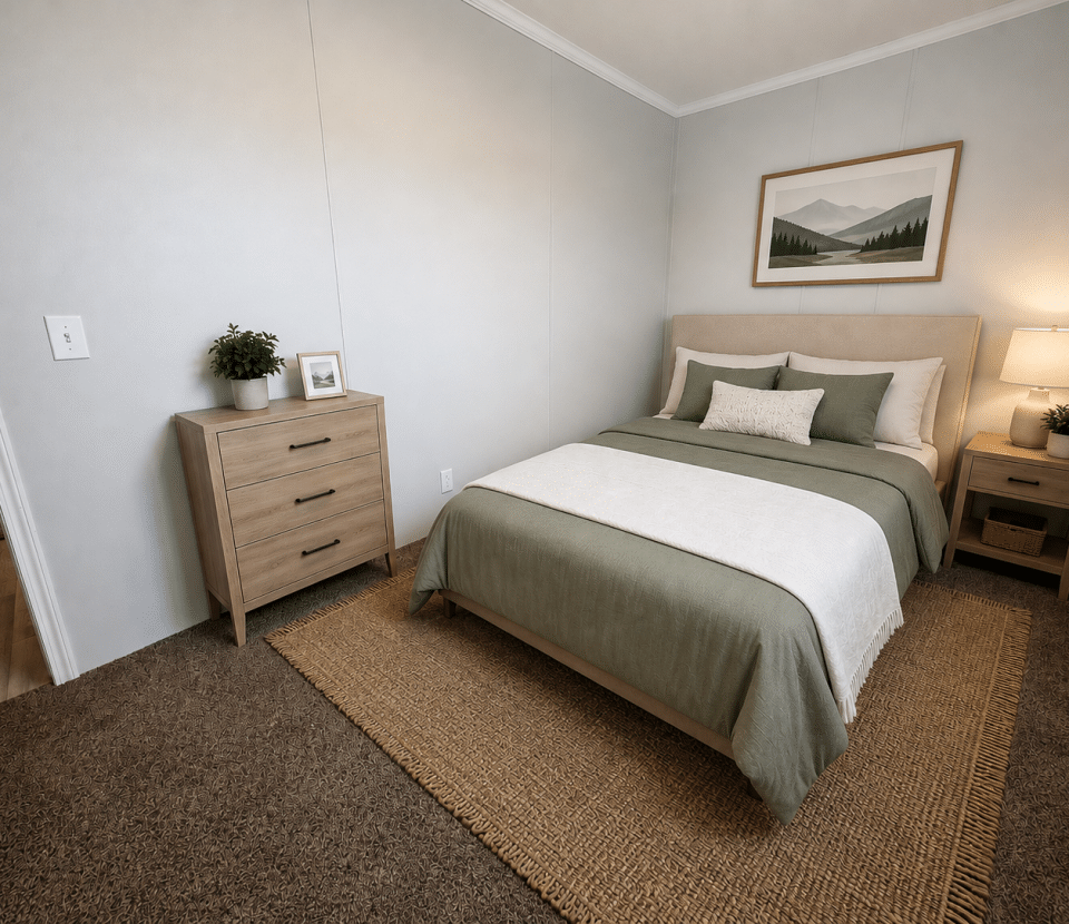 A cozy bedroom with a neatly made bed featuring green and white bedding, a wooden nightstand with a lamp and plant, a matching dresser with decor, beige walls, brown carpet, and a landscape painting above the bed.