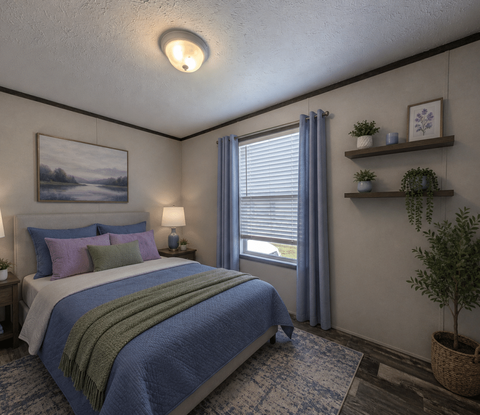 A cozy bedroom with a neatly made bed in blue and green bedding, two nightstands with lamps, a window with blue curtains, wall shelves with plants, a potted plant, and picture frames on cream-colored walls.