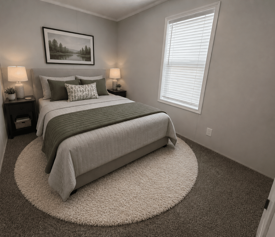 A cozy bedroom with a neatly made bed featuring gray and green bedding, two bedside tables with lamps, a round beige rug on the carpet, and a window with white blinds letting in natural light.