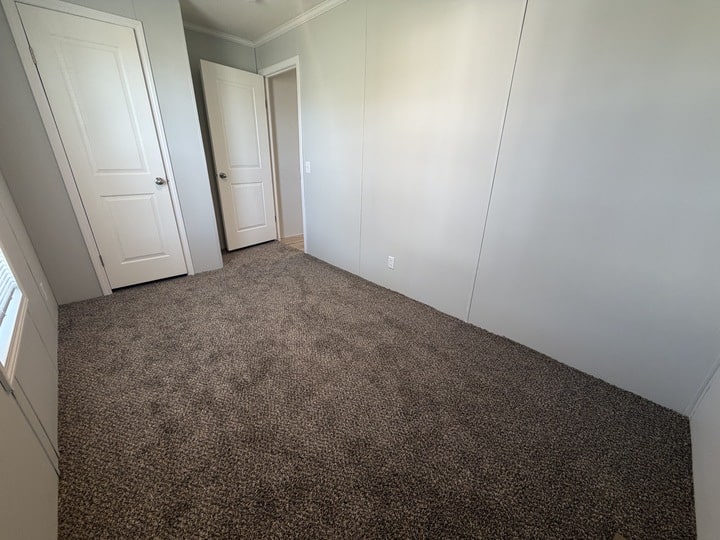 An empty room with light gray walls, brown carpet flooring, a window on the left, and two white doors on the far wall. The room appears clean and well-lit.