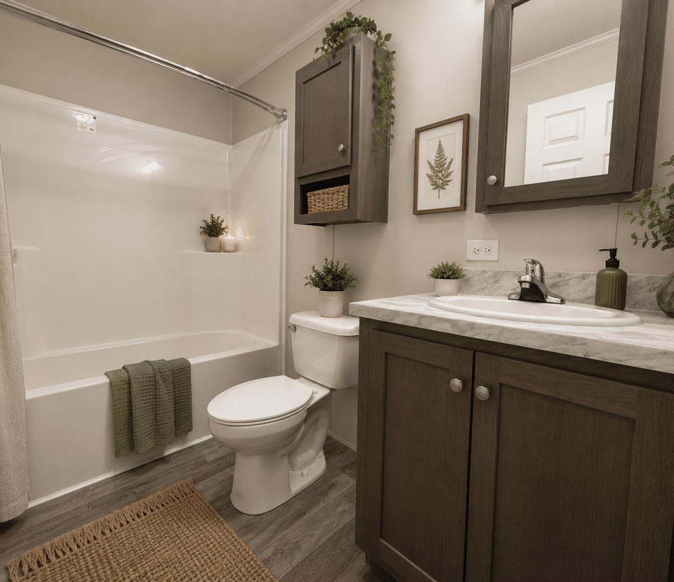 Modern bathroom with a white bathtub and shower, a toilet, a vanity with a sink, wood cabinets, and green decor accents, including towels, plants, framed art, and a woven rug on a gray wood floor.