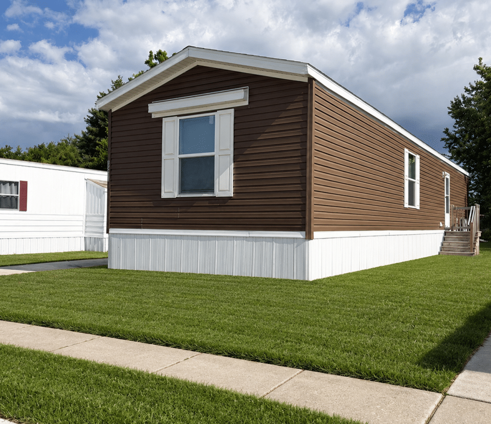 A brown and white manufactured home with a small porch sits on a neatly mowed green lawn, bordered by a concrete sidewalk. Another similar home is visible on the left. Trees and a partly cloudy sky are in the background.