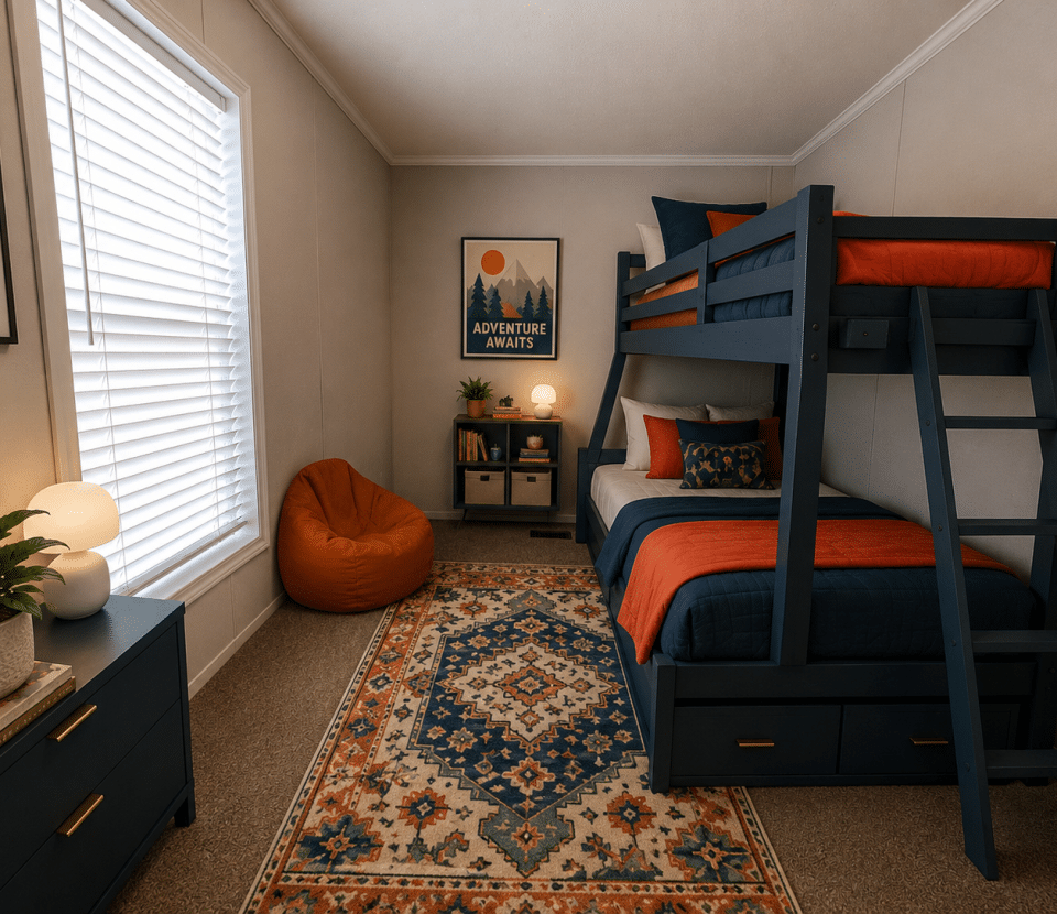 A cozy bedroom with a navy blue bunk bed, orange bedding, a patterned rug, a bean bag chair, a dresser with plants and lamps, and a wall art poster that says Adventure Awaits. Natural light streams in through the window.