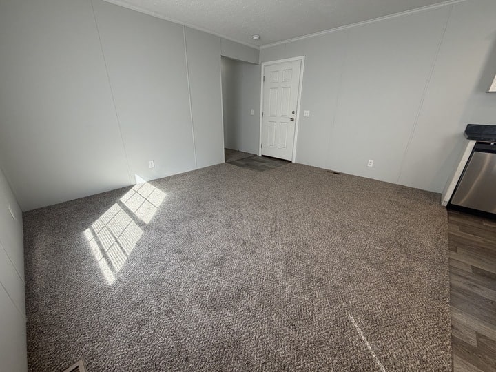 A bright, empty room with light gray walls, beige carpet, a white door, and sunlight streaming through a window onto the floor. The corner of a kitchen area with wood flooring is visible on the right.