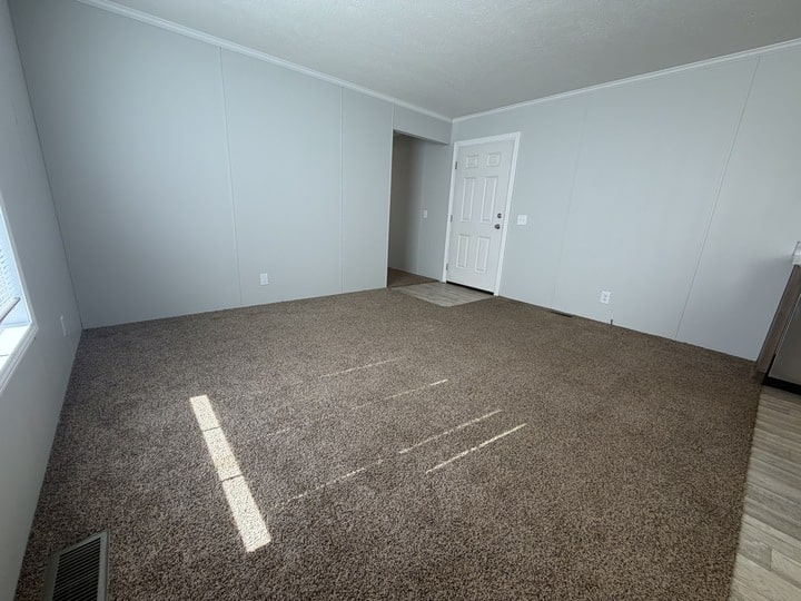 A bright, empty room with light gray walls, brown carpet, a white door, and sunlight streaming in from a window on the left. The floor transitions to wood near the entrance.