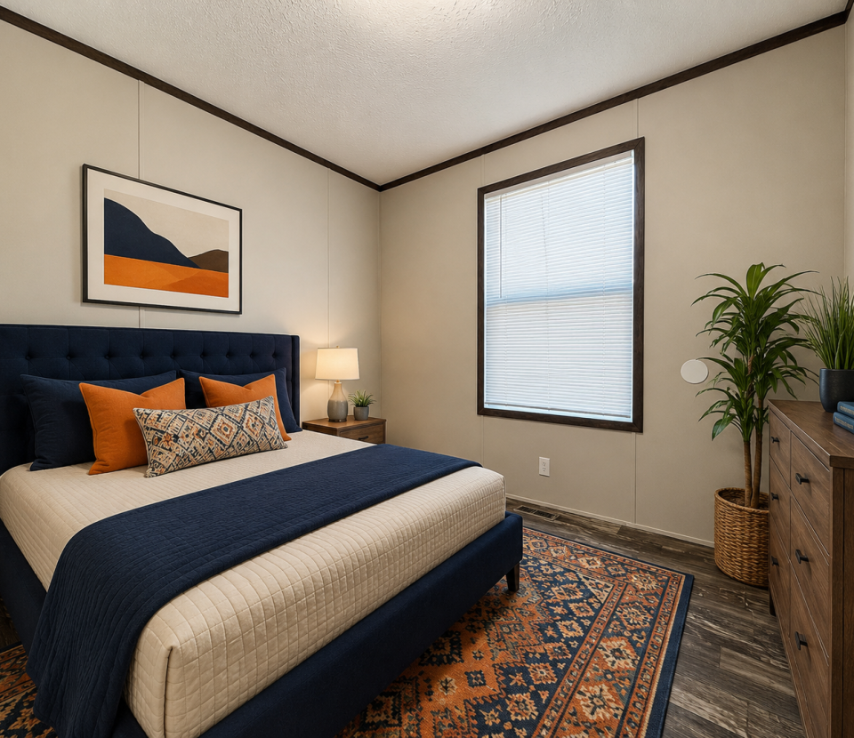 A modern bedroom with a navy upholstered bed, orange and blue accent pillows, patterned rug, wooden dresser, potted plant, table lamp, and abstract art above the bed. Light from a window brightens the room.
