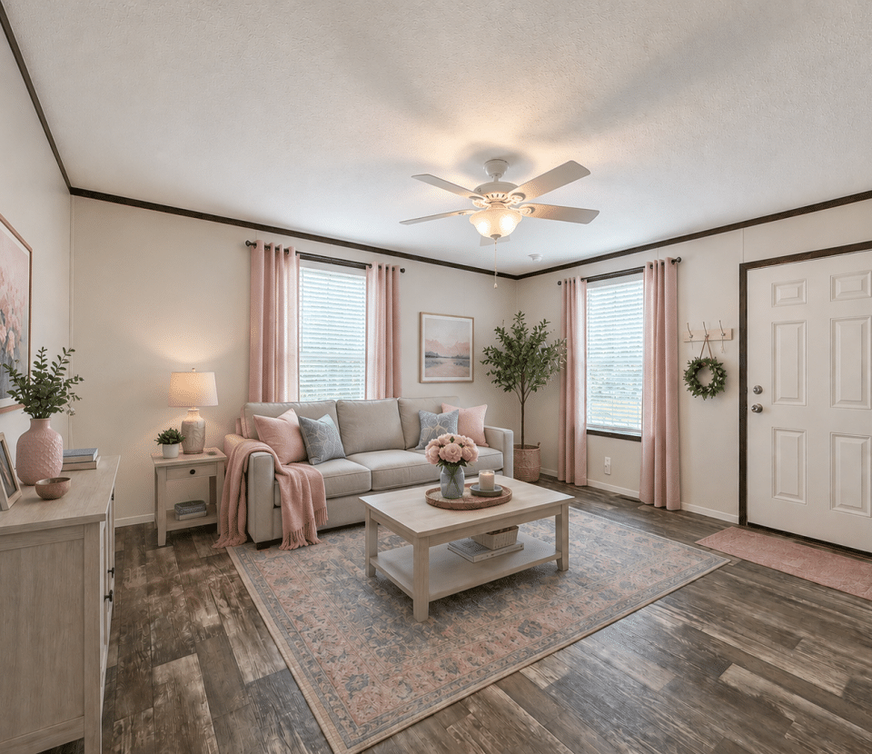 A bright living room with a gray sofa, pink and gray cushions, a coffee table with flowers, two windows with pink curtains, a ceiling fan, and decor in soft, neutral colors. A door and entryway are visible on the right.
