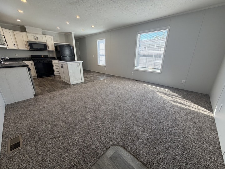 Open-plan living space with gray carpet, large window with blinds, and a modern kitchen featuring white cabinets, dark countertops, and stainless steel appliances. Sunlight streams in through the window, brightening the room.
