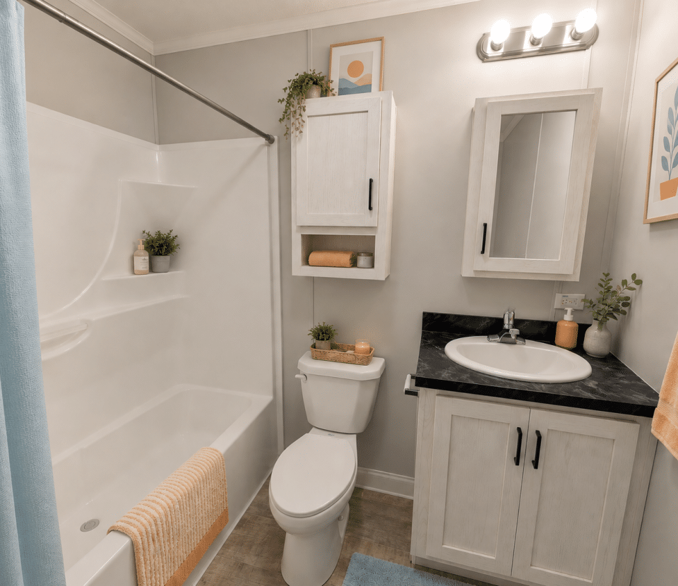 Modern bathroom with a white bathtub, toilet, and vanity. Decor includes green plants, rolled towels, framed art, and soft lighting above the mirror. Accents in peach and blue add color to the clean, neutral space.