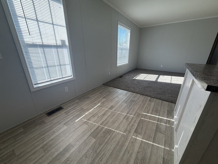 A bright, empty room with light gray walls, large windows, wood-look flooring, and a section of dark carpet near the far end. Sunlight streams in, casting shadows on the floor.