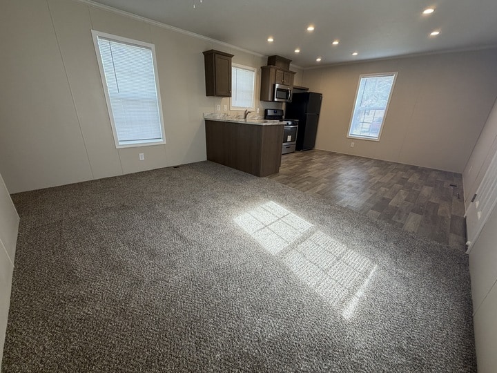 Open-concept room with carpeted living area, connected to a kitchen with wood cabinets, stainless steel appliances, and wood-look flooring. Two large windows let in natural light.