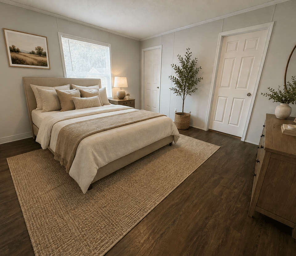 A cozy bedroom with a neatly made bed, beige bedding, two nightstands, a dresser with a round mirror, a potted plant, a woven rug, and a window letting in natural light. Walls are light-colored and décor is minimal.
