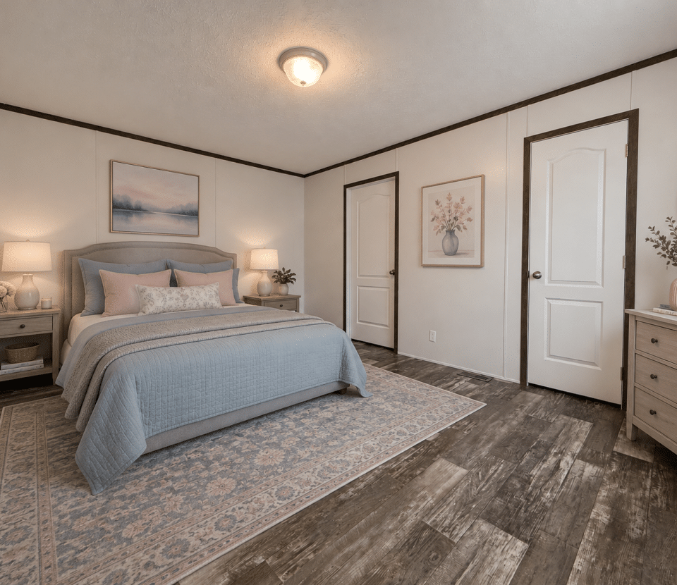 A cozy bedroom with a neatly made bed in blue and pink tones, two nightstands with matching lamps, a floral rug, artwork on the walls, and a dresser with a round mirror and decorative items.