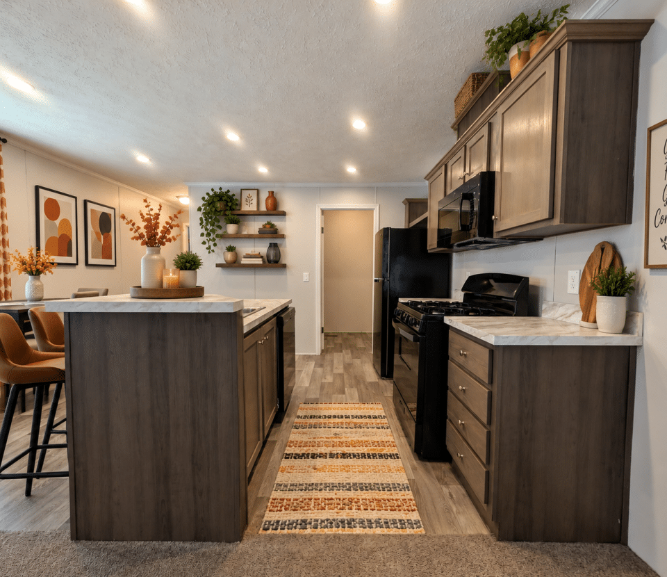Modern kitchen with dark wood cabinets, marble countertops, black appliances, a patterned rug, decorative plants, and framed artwork on the walls. A dining area with brown chairs is visible to the left.