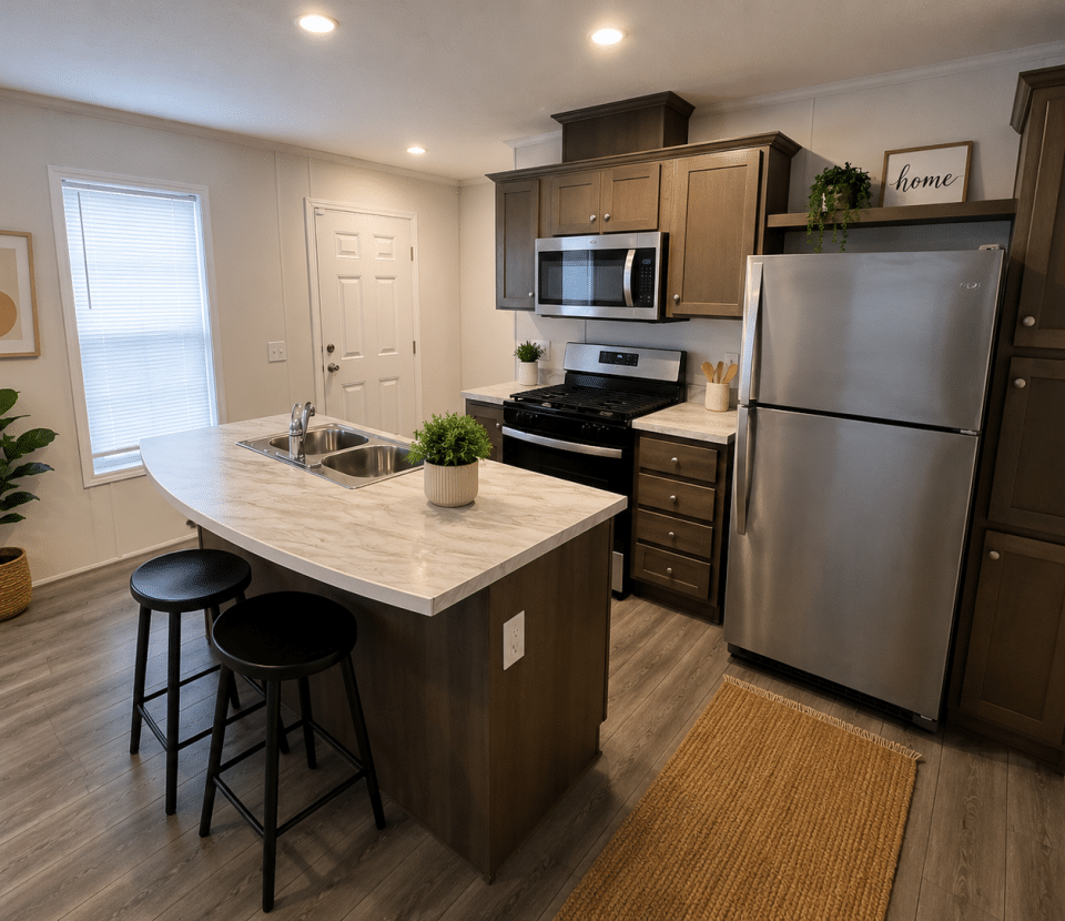 Modern kitchen with brown cabinets, stainless steel appliances, a small island with two stools, potted plants, and a decorative home sign. Light wood floors and a window add brightness to the space.