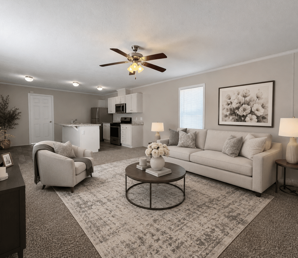 Modern living room with a beige sofa, armchair, round coffee table, and large rug. Kitchen with white cabinets and stainless appliances is visible. Ceiling fan and soft lighting brighten the neutral-toned space.