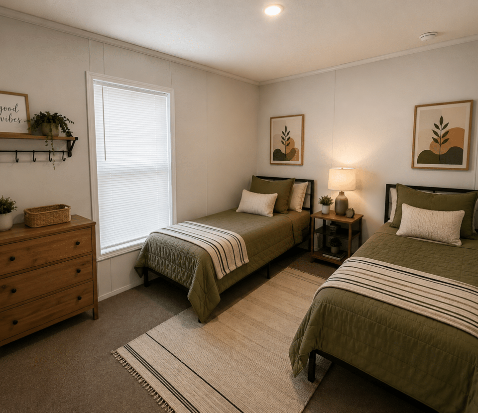 Bedroom with two twin beds, green bedding, a dresser, a window with blinds, a nightstand with a lamp, wall art, a decorative rug, and a framed good vibes sign.