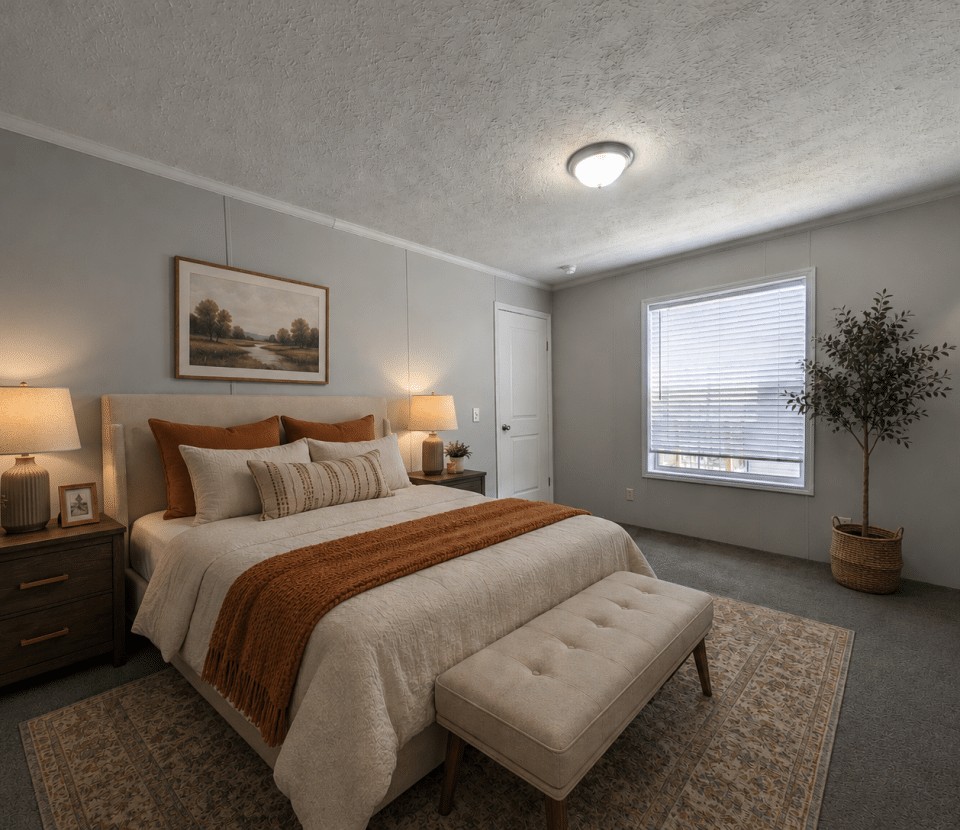 A cozy bedroom with a beige bed, orange accents, two nightstands with lamps, a bench at the foot of the bed, a large window with blinds, a potted plant, and a landscape painting above the bed.