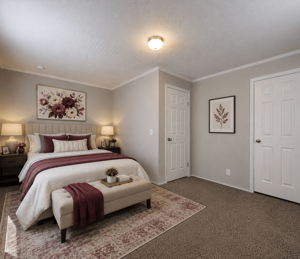 A cozy bedroom with a neatly made bed, two nightstands with lamps, a bench at the foot of the bed, floral artwork, beige walls, carpeted floor, and two closed white doors.