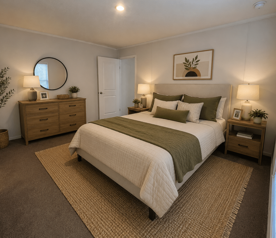 A cozy bedroom with a neatly made bed featuring green and beige bedding, wooden furniture, two lamps on nightstands, a dresser with a round mirror, potted plants, framed art, and natural light from window blinds.