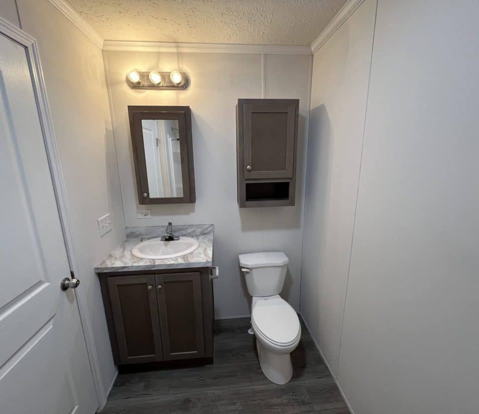 A small bathroom with a white toilet, a sink with a marble-patterned countertop, a mirrored medicine cabinet, an overhead light, and gray cabinets, all set against white walls and a wood-style floor.