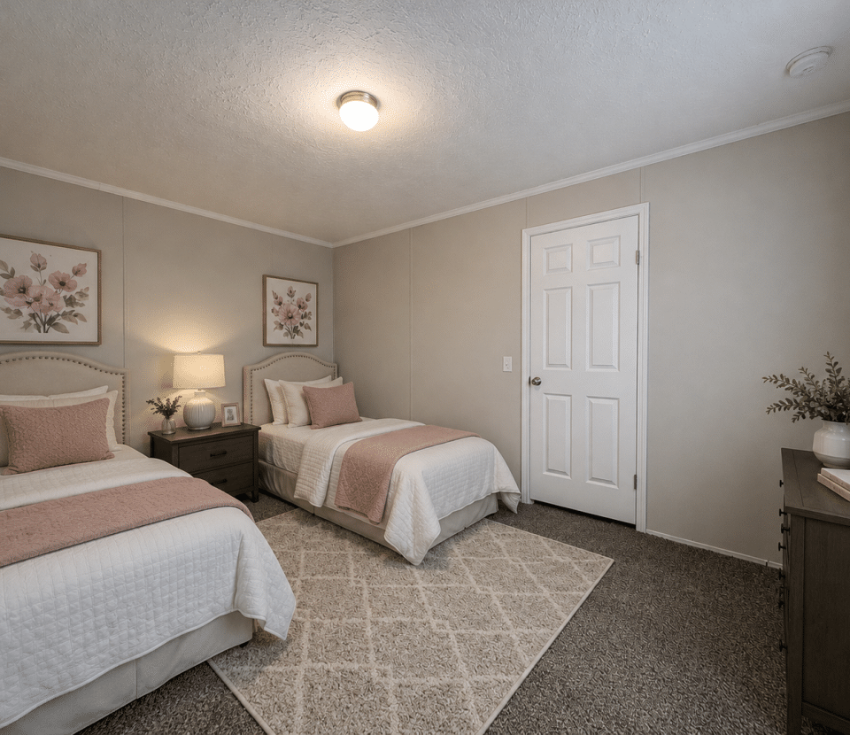 Two twin beds with pink and white bedding are in a softly lit bedroom. Floral art hangs above each bed. A dresser, nightstand, and a geometric rug complete the neutral-toned, tidy space.