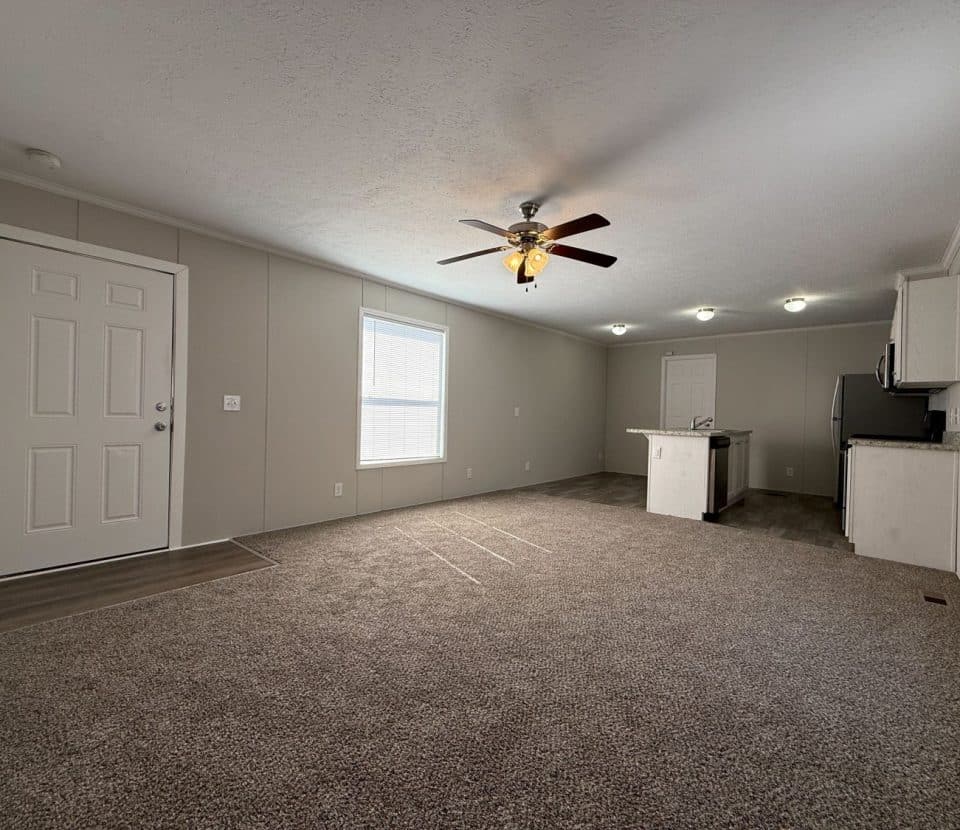 Open living room with beige carpet, white walls, a ceiling fan, and a view into a kitchen with white cabinets, an island, and stainless steel appliances. Door and windows provide natural light.