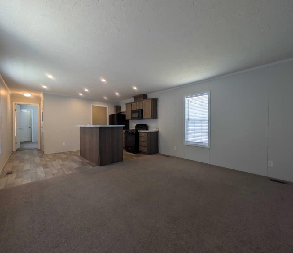 Open-concept living area with carpet and vinyl flooring, a kitchen with dark cabinets and appliances, light walls, recessed ceiling lights, and two windows letting in natural light.