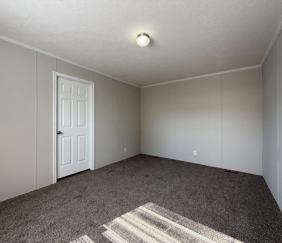 Empty room with beige walls, white ceiling, a closed white door, brown carpet flooring, and sunlight streaming in through a window, casting shadows on the floor.