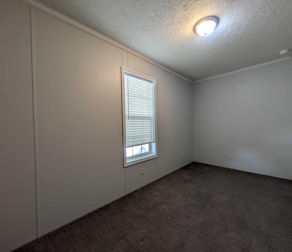 Empty room with gray carpet, white walls, a single window with closed blinds, and a ceiling light. Natural daylight enters through the window.